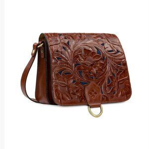 Patricia Nash ILINA Cut Out Tooled Leather Flap Crossbody HandBag Whiskey